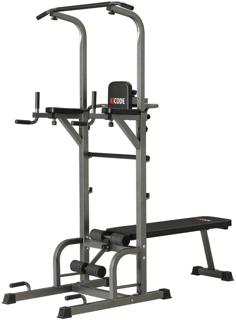 Power Tower with Bench, Pull Up Bar Dip Station, Height Adjustable