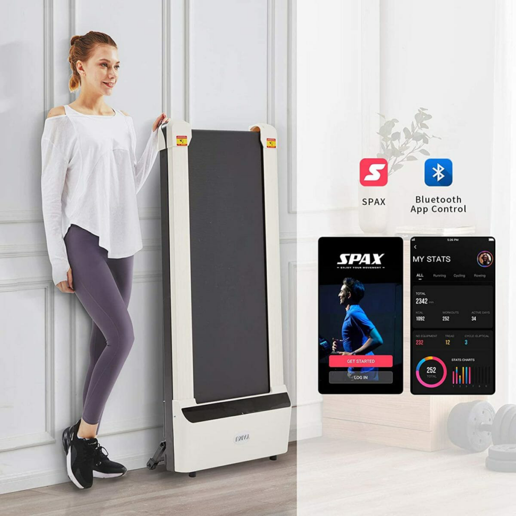 A woman stands beside an upright treadmill, and an app screen shows exercise stats