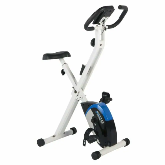 A ProGear 225 exercise bike in white with black and blue detailing