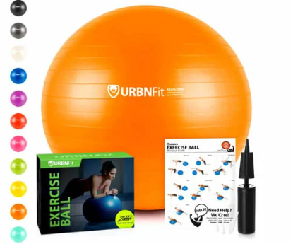 An orange URBNFit exercise ball, pump, manual, and box are seen with various color options on the side